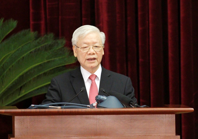 Tổng Bí thư, Chủ tịch nước Nguyễn Phú Trọng chủ trì và phát biểu khai mạc Hội nghị lần thứ hai. (Ảnh: Phạm Cường)